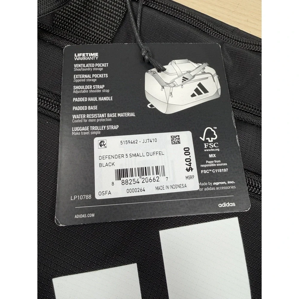 Adidas Defender 5 Small Duffel / Gym Bag Black/White  17